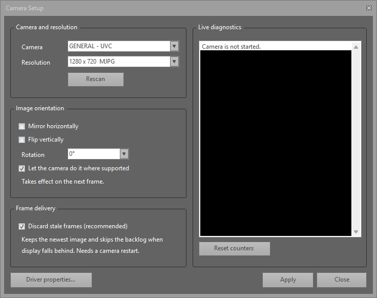 BMS Essentials camera setup with resolution, orientation and diagnostics